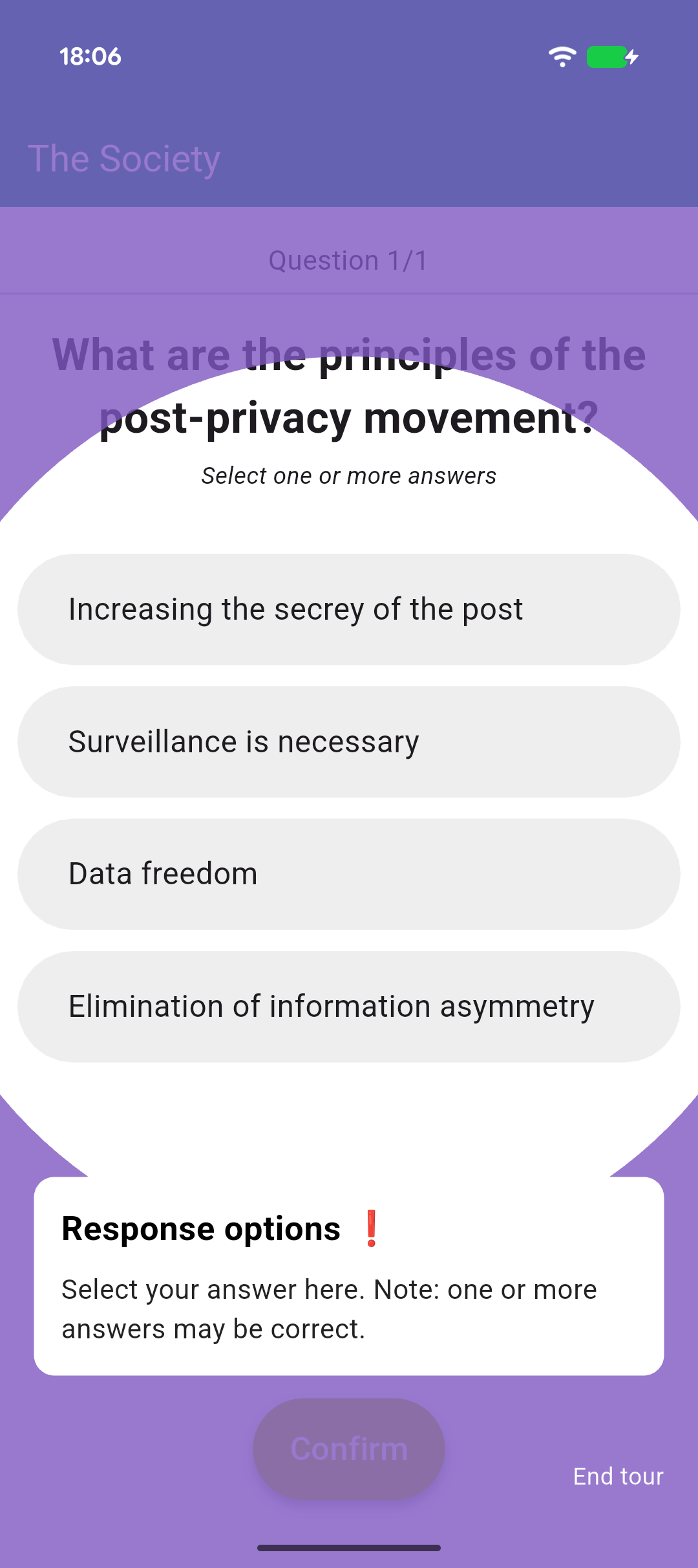 A quiz question in Privacy Buddy about digital privacy